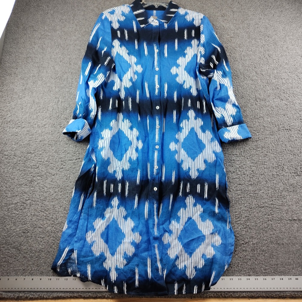 Chico's Linen Dress Cover up Women‎ Large 12/14 Blue Ikat Button Front EUC
